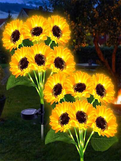 1 pieza/2 piezas Luces LED de girasol solares - Decoración exterior con estaca incorporada que se enciende/apaga automáticamente con pétalos amarillos realistas y centros oscuros para jardín, camino, césped, valla - Iluminación de paisaje y de sendero de alta calidad | Luces de girasol | Luces LED de flores, luces solares de jardín