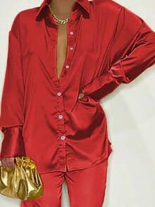 2pcs Setelan Blus Wanita Satin Kerah Bahu Jatuh dan Celana Kasual Merah Elegan - Merah - View 3