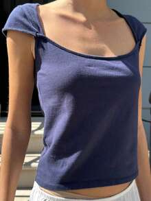 Vintage Cap Sleeve Crop Tops Women Casual Square Collar Basic Baby Tees Teen Girl Y2k Aesthetic T-Shirt Fairy Cute Clothes - Màu xanh lam - Xem 3