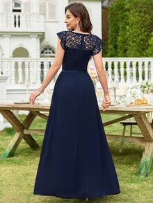 Elegant Lace Bodice V-Neck Scallop Sleeve Contrast Chiffon Pleated Hem Formal Evening Party Long Dress, Homecoming Dress, Wedding Guest Dress, Bridesmaid Dress, For Birthday, Graduation, Formal Events