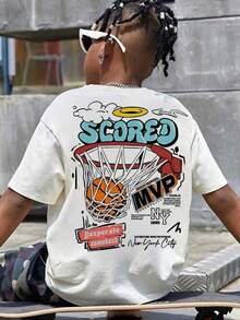 1 件白色休闲篮球印花短袖 T 恤，适合夏季青少年男孩和年轻学生