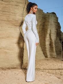 Elegant Twisted Rhinestone Embellished Flared Jumpsuit, Suitable For Party, Holiday Event Attire - White - View 3