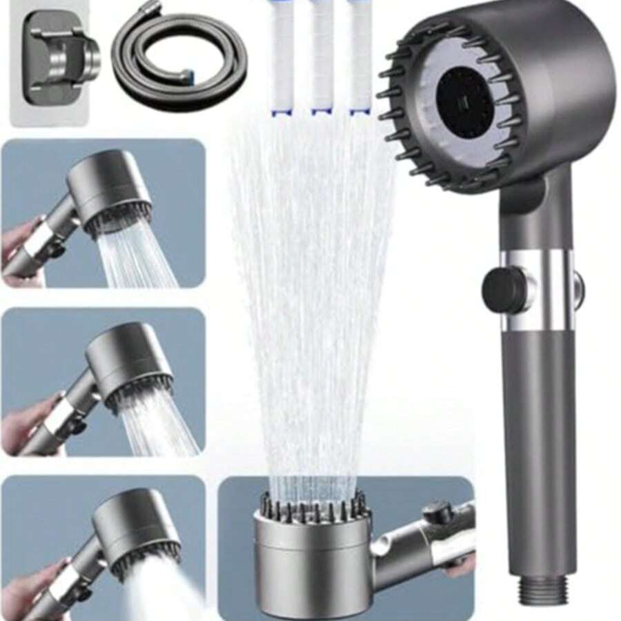 High Pressure Shower Head With Hose, Water-Saving Shower Head With 4 Spray Modes, Handheld Massage Shower Head With Pause Switch - Dark Grey - View 1
