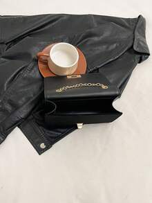 Fashion New Velveteen Quilted Strap Crossbody Bag, Street-Style Chain Shoulder Bag, Simple Solid Color Ladies Small Square Purse - Black - View 6