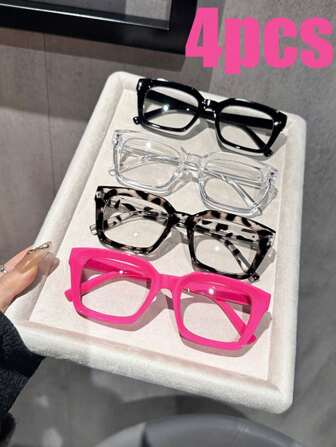 4副防蓝光眼镜 - 时尚方形假眼镜，修饰脸型，防蓝光电脑游戏眼镜，男女通用防蓝光眼镜，日常百搭校园风