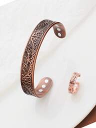 1 set Ensemble de bague et bracelet en cuivre vintage gravé arbre de vie magnétique, taille réglable, convient pour les cadeaux de couple, les fêtes, le travail, le port quotidien