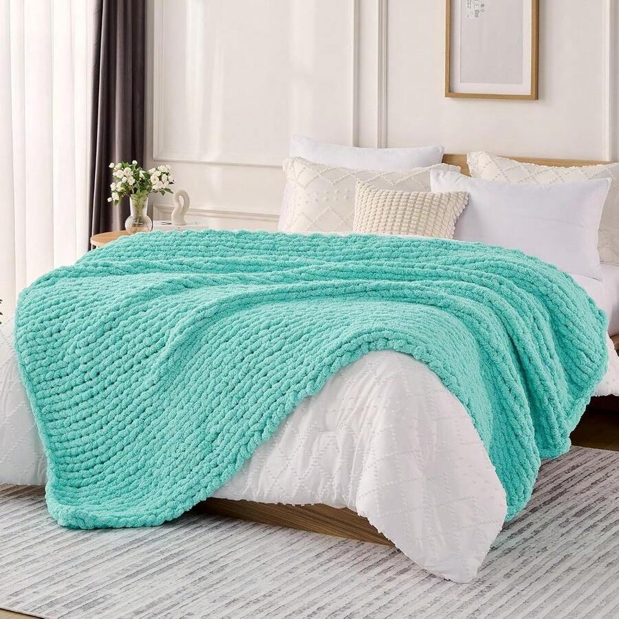 Chunky Knit Blanket - Soft Chenille Yarn Throws 40x50: Handmade Thick Cable Crochet Blanket - Large Chunky Yarn Rope Knot Throw For Couch, Sofa, Bed Home Decor - Lake Blue - 查看 1