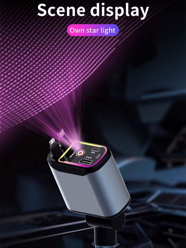 Este cargador de teléfono para auto con diseño de estrellas está equipado con cables de carga retráctiles tipo C y iOS. Cada cable de datos se puede estirar hasta 80 centímetros (31,5 pulgadas).