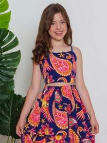 Girl's Set, Long Skirt And Cropped Top, Children's And Youth, 2 Pieces, Multicolored - Navy Blue - View 3