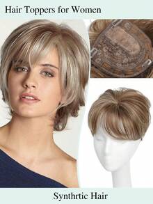 Natural Black Short Hair Topper With Bangs Relaxed Pixie Cut Clip In Hair Topper For Women With Thinning Hair Synthetic Hair Top Hairpieces