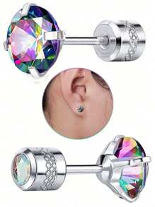 2 Pcs Vogue Titanium Steel Spiral Earrings Silver With Colored Zirconia, Hypoallergenic Zirconia Stud Earrings, Unisex Earrings, Graduation Season Gift For Friends