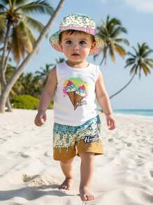 Set di 3 pezzi, tuta estiva per bambino, composta da gilet, pantaloncini e cappello con stampa a gelato