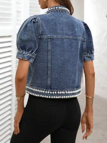 Chaqueta vaquera de mujer de estilo vintage con remaches y decoración de perlas falsas, look retro - Azul - Ver 7