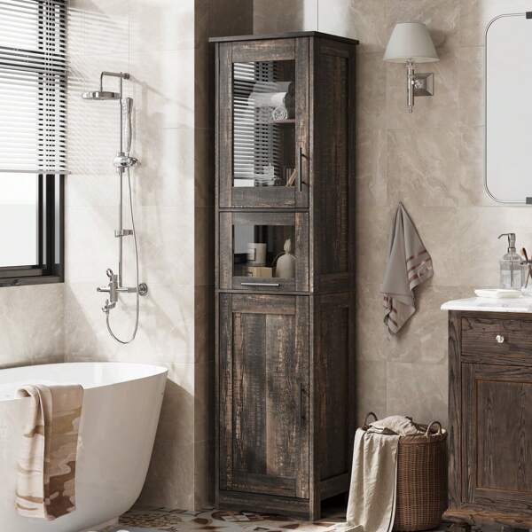 Badezimmerschrank Hochschrank Badschrank mit Türen und Verstellbarem Einlegeboden Schmaler Aufbewahrungsschrank Küchenschrank für Badezimmer/Wohnzimmer/Küche, 40x31x170cm