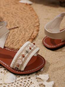 1 Pair Baby/Toddler Girls Beige Flat Sandals, Solid Color PU Strap Strap Hook And Loop Design Open Toe Roman Style Comfortable And Fashion Suitable For 3-12 Years Old Girls Daily, Vacation, Spring/Summer 2025