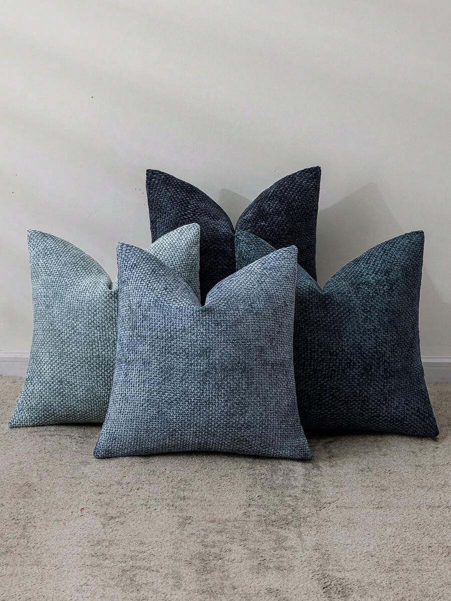 4件套奢华雪尼尔针织抱枕套，现代加厚沙发卧室靠垫套，客厅装饰编织枕套，蓝色 - 藍色 - 查看 1