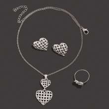 Conjunto de joyería de 3 piezas con colgante, anillo y pendientes con forma de corazón hueco, minimalista y elegante, adecuado para uso diario y vacaciones, excelente regalo de San Valentín para el ser querido