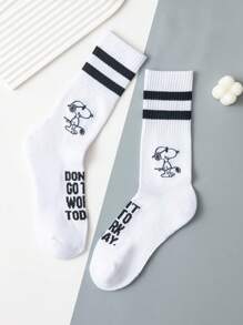SNOOPY 2 pares de calcetines de media pantorrilla de rayas de dibujos animados de alta calidad en negro y blanco para hombres, calcetines de mujer de la caricatura Snoopy, calcetines de verano regalo para hombres, calcetines transpirables y cómodos, estilo de pareja