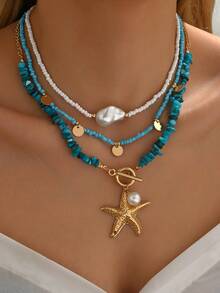 3pcs/Set Bohemian Beach Style Turquoise Starfish Pendant Necklace Multi-Layered Beaded Necklace Decorated With Imitation Pearls And Disc Tassel Design Women's Fashion Necklace Suitable For Beach Vacation Wear And Gift Giving - Multicolor - View 2