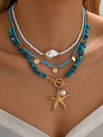 3pcs/Set Bohemian Beach Style Turquoise Starfish Pendant Necklace Multi-Layered Beaded Necklace Decorated With Imitation Pearls And Disc Tassel Design Women's Fashion Necklace Suitable For Beach Vacation Wear And Gift Giving