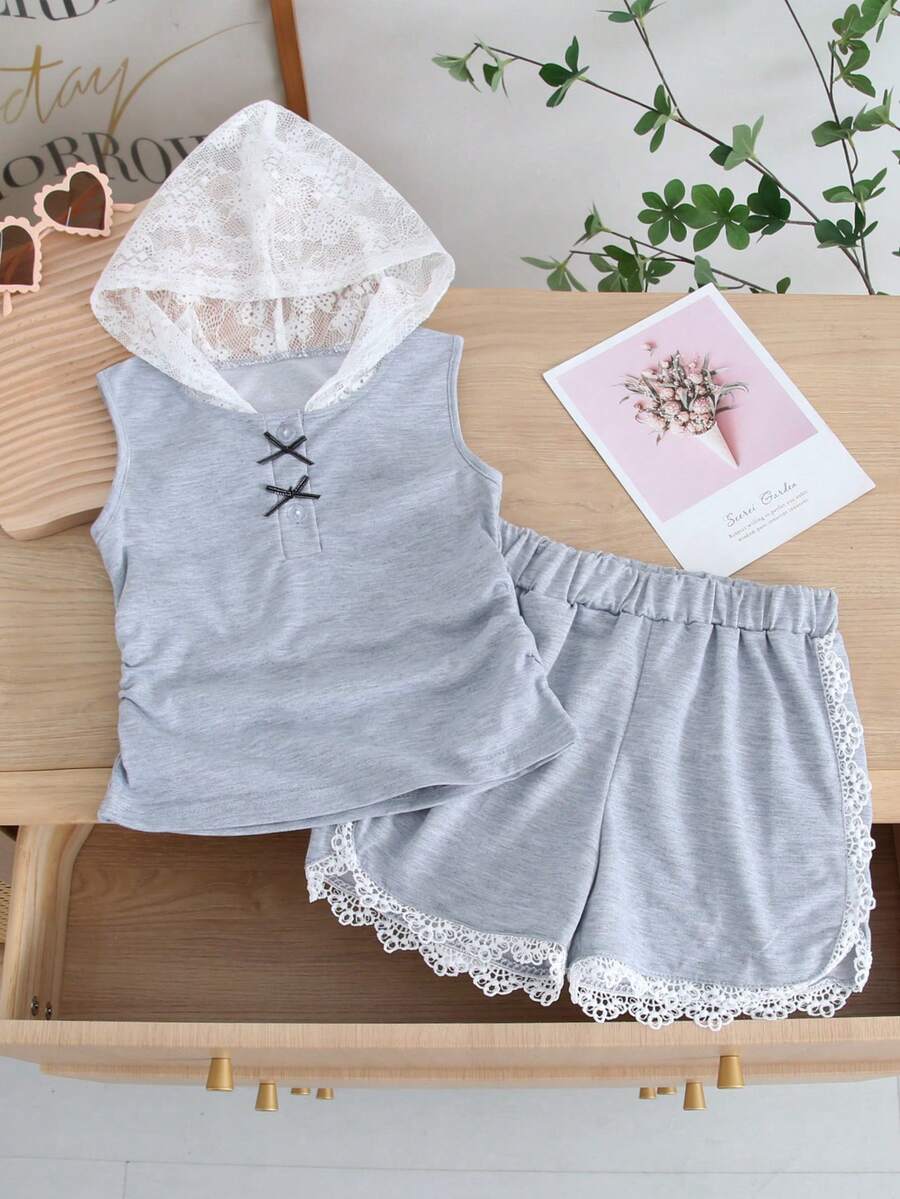 2pcs/Set Girls Casual Fashionable Lace Hooded Sleeveless Top And Shorts Set, Summer - Grey - View 1