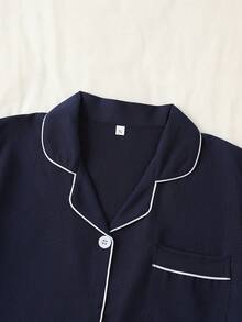 Bộ đồ ngủ 2 món gồm áo ngắn tay và quần short thường ngày cho nữ, màu trơn thoải mái khi mặc ở nhà & ngoài trời, mùa xuân/hè - Màu xanh hải quân - Xem 3