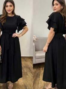 LONG DRESS WITH PUFFED SLEEVES, PRINCESS RUFFLE, LAYERS, BELT, PARTY, EVANGELICAL FASHION SKIRT - 黑色 - 查看 1