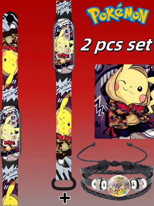 pokemon 2pcs/Set Pokemon Kids Watch + Bracelet, Pikachu LED Digital Watch For Boys Girls, Pokemon Fashion Bracelet, Cartoon Print Watch, Kids Bracelet, Children's Wristwatch, Kids Gift Set, Suitable For Multiple Age Groups, Various Sizes Available, Random Clasp Color