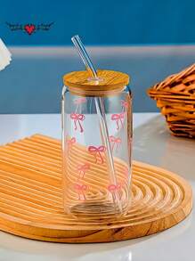 1 Set 16oz Transparent Coffee Mug With Bow Pattern, Includes Bamboo Lid & Straw, Large Capacity Outdoor Travel Portable Drink Juice Cup, Suitable For Summer And Winter, Birthday Party Holiday Gift, Christmas Present