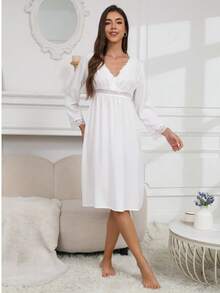 Women's New Spring & Autumn Sleepwear, Mid-Length Loose Fit Pajama Set - White - View 6