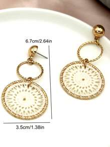 1 Par de pendientes de mujer de estilo francés, casuales y elegantes, con círculo de hierro geométrico con tela tejida a mano, pendientes de moda para fiesta y uso diario