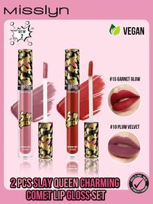 MISSLYN-2 件 Slay Queen 迷人彗星唇彩套装、唇彩、液体唇膏、闪光、闪耀、防晕染、透明成膜、全彩唇妆、色素丰富、滋养持久、质地柔滑