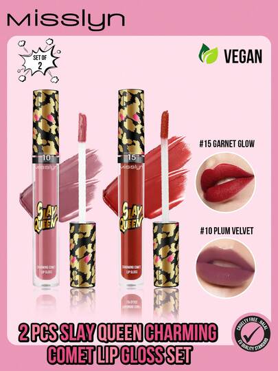  MISSLYN-2 件 Slay Queen 迷人彗星唇彩套装、唇彩、液体唇膏、闪光、闪耀、防晕染、透明成膜、全彩唇妆、色素丰富、滋养持久、质地柔滑