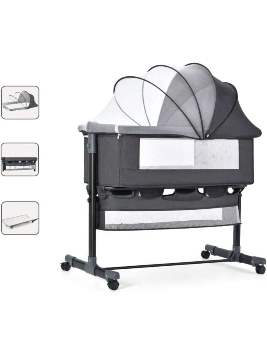 3 en 1 Cuna Colecho Plegable Catres para Bebé Portátil Altura Ajustable con Cesta de Almacenamiento Grande, Mesas de Pañales, Mosquiteras, Ruedas Bloqueables, Cuna Multifunción Fácil de Monta - Multicolor - Ver 1