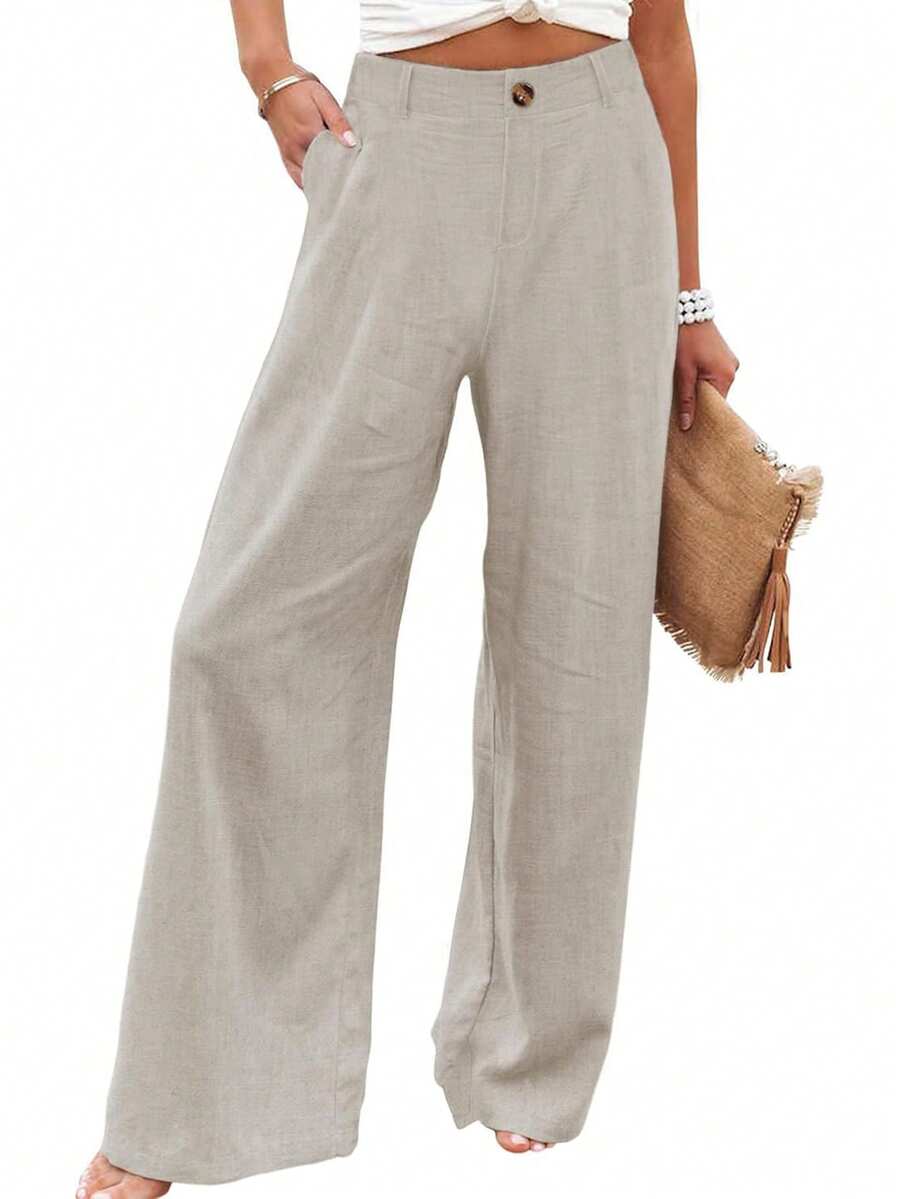 Women's Cotton Linen Trousers Casual Button Up High Waist Wide Leg Trousers - 卡其色 - 查看 1