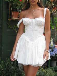 Womens Summer Flowy Dress Sleeveless Square Neck Tie-Up Front Short Tank Dress Casual A-Line Dress - trắng - Xem 2