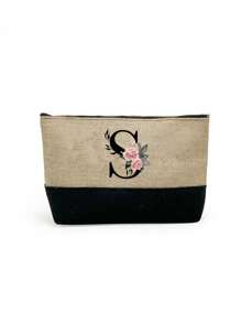 1 set, Bolso de mano tipo tote con estampado de flores con inicial A y correas para el hombro & Set de bolsas de maquillaje con iniciales de la A a la Z, bolso de regalo personalizado con bolsillos laterales, bolso de playa con pañuelo, bolsos de almacenamiento portátiles y de ocio, bolsas de compras multifuncionales, bolsa de almacenamiento simple para viajes