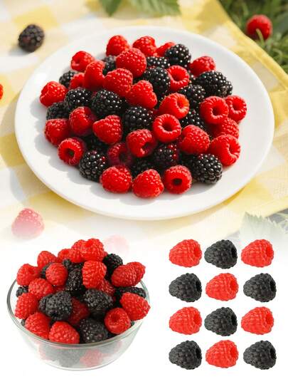 20pcs Realistic Raspberry Decor, Red & Black Raspberry Fake Fruit, Plastic Raspberry Artificial Berries, Lifelike Raspberry Plastic Fake Fruit, Suitable For Christmas & Thanksgiving Party Photo Props Basket, For Adult Use Only, Artificial Plant