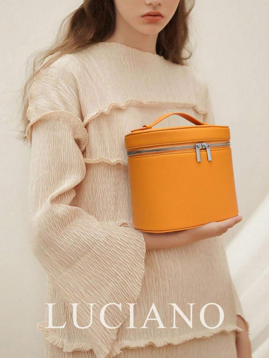 New Brown Textured Makeup Bag, Large Capacity Portable Travel Essential, Fashion Versatile, Exquisite Metal Zipper, High-End Leather Material, Practical Travel Storage Design, Single Handle For Easy Carrying, Super Useful Double Zipper Design, Minimalist Travel Essential, Suitable For Vacation, Summer, Back To School, Travel And Other Occasions, Women's Travel Cosmetic Bag - Orange - View 1