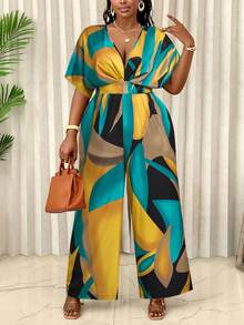 BIUBIU Plus Size V-Neck Artistic Print Jumpsuit (Random Floral Pattern) - Blue Yellow - View 1