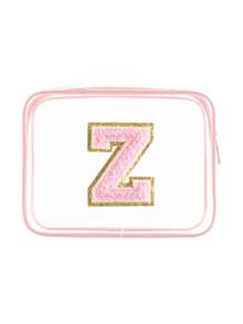 1个透明PVC便携式收纳袋，带毛巾，绣有字母A-Z，大容量化妆品收纳包，防水，带拉链，化妆包，化妆品袋，旅行收纳包，美妆包，可装口红