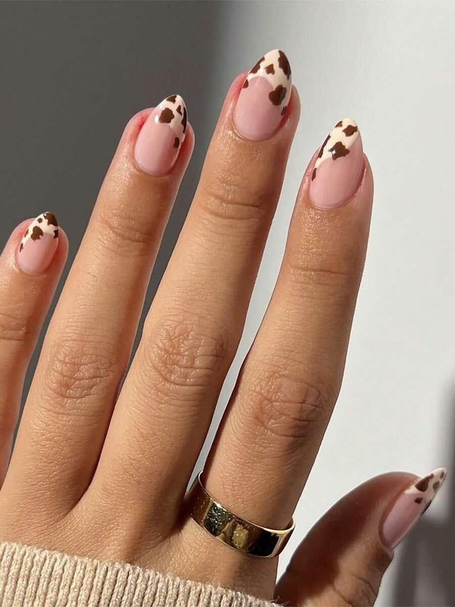 24Pcs Short Almond Shaped Wear Press-On Nails, Minimalist French Cow Print Nail Art Set Including 1Pc Gel Nail Polish And 1Pc Nail File, Suitable For Women Daily Wear Nail Supplies Nails