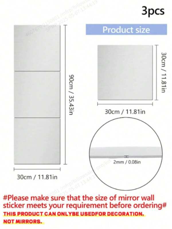 3pcs Square Mirror Wall Tiles, 2mm Thick Acrylic 3D Mirror Wall Tiles, Suitable For Living Room, Bedroom, Kitchen, Bathroom, 30*30cm/11.8*11.8in