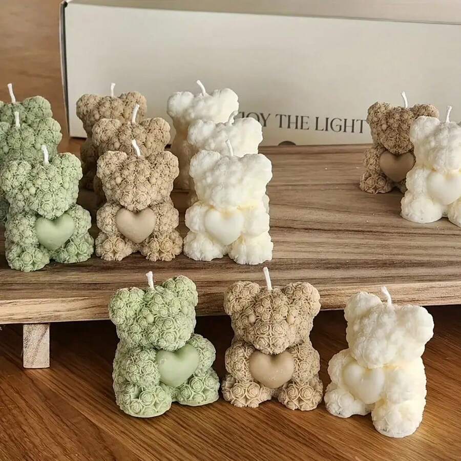 1件爱心玫瑰熊蜡烛硅胶模具DIY石膏手工皂生日情人节礼物家居装饰摆件创意手工 - 白色 - 查看 1