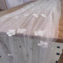 Elegant White Pearl & Floral Sheer Tulle Table Runner - Lightweight Chiffon Beaded Bridal Veil With Lace Overlay, Perfect For Wedding Receptions & Bridal Showers