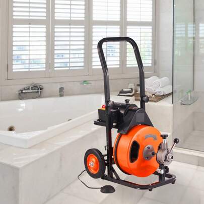 Drain Cleaning Machine 100FT X 3/8 Inch, Sewer Snake Machine Auto Feed, Drain Auger Cleaner With 4 Cutter & Air-Activated Foot Switch For 1" To 4" Pipes