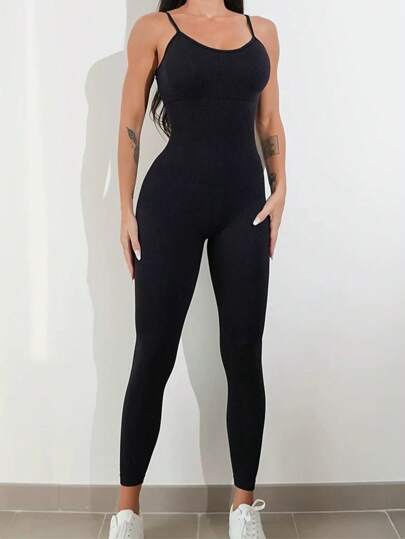 CHERRY KOKO Damen Jumpsuit aus Seide-Baumwoll-Mischung mit elastischem Bund, unifarbener Lässig Sport-Jumpsuit mit Brustpolstern, bodenlang, körperbetont geschnitten, für Sport, Fitness, Alltag, Festivals, Frühling/Sommer/Herbst/Winter