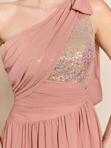 Tie Shoulder Ruffled Sequin Decor Wrap Chiffon Elegant Evening Dress - Coral Pink - View 1