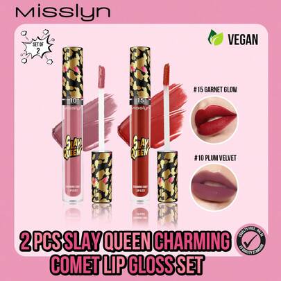  MISSLYN-2 件 Slay Queen 迷人彗星唇彩套装、唇彩、液体唇膏、闪光、闪耀、防晕染、透明成膜、全彩唇妆、色素丰富、滋养持久、质地柔滑