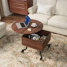 VOWNER Height-Adjustable Coffee Table With Hidden Storage And Casters, Round Living Room Table With Liftable Top For Living Room, Office And Small Spaces - 棕色 - 查看 3